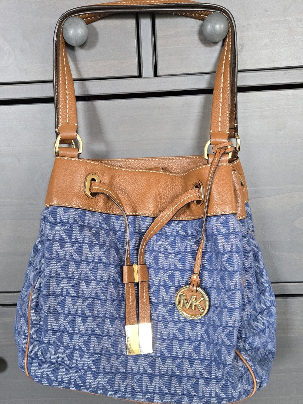 Vintage Michael Kors Denim MK Monogram and Tan Leather Drawstring Shoulder Bag